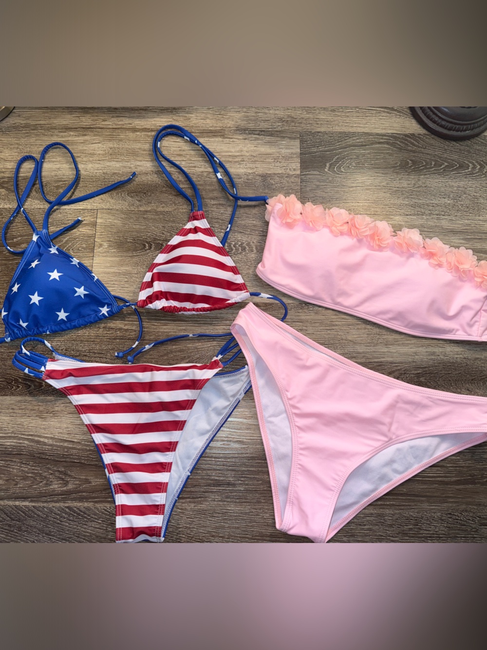 Pink Floral Bandeau & American Flag Triangle Bikini Set - Women Swim Bikinis